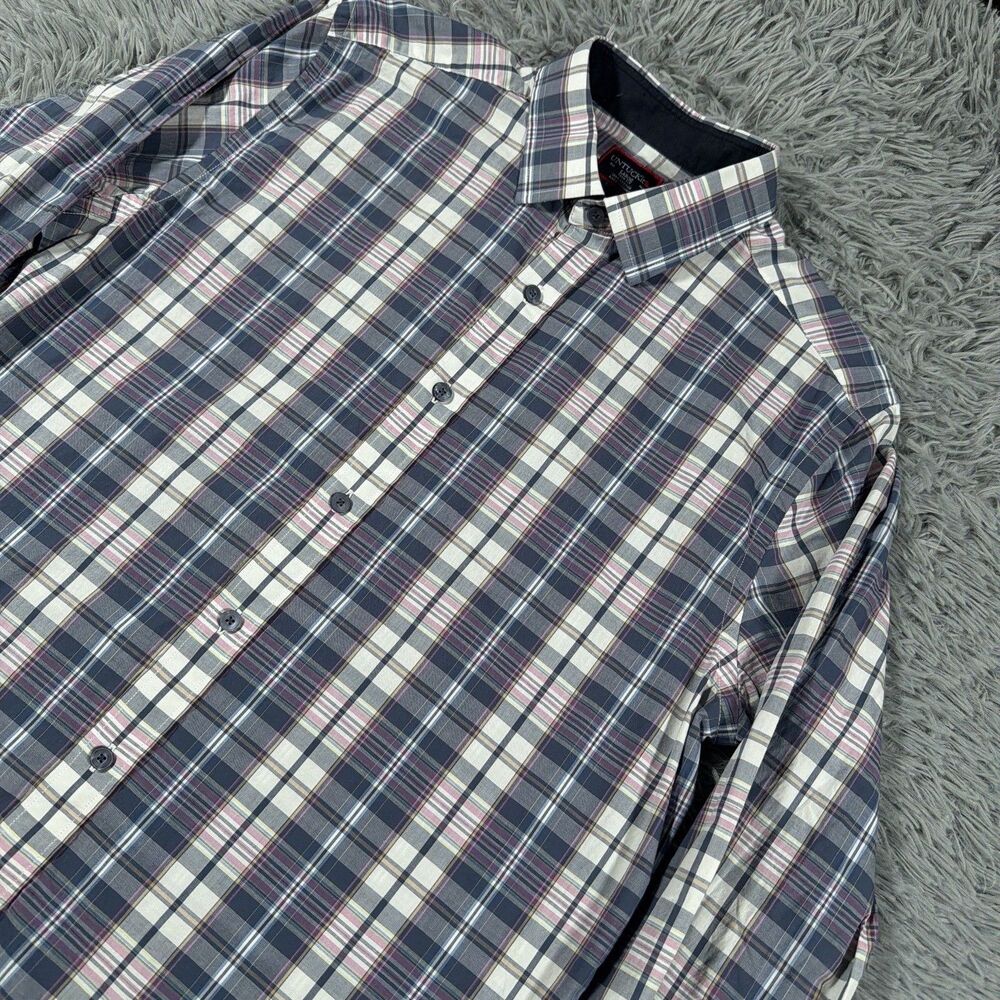 Untuckit Shirt Large Blue White Button Up Slim Fit Plaid Casual Cotton Mens